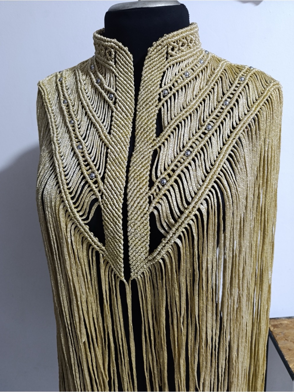 Gold Beaded Macramé Fringe Shawl – Elegant Draped Wrap handmade